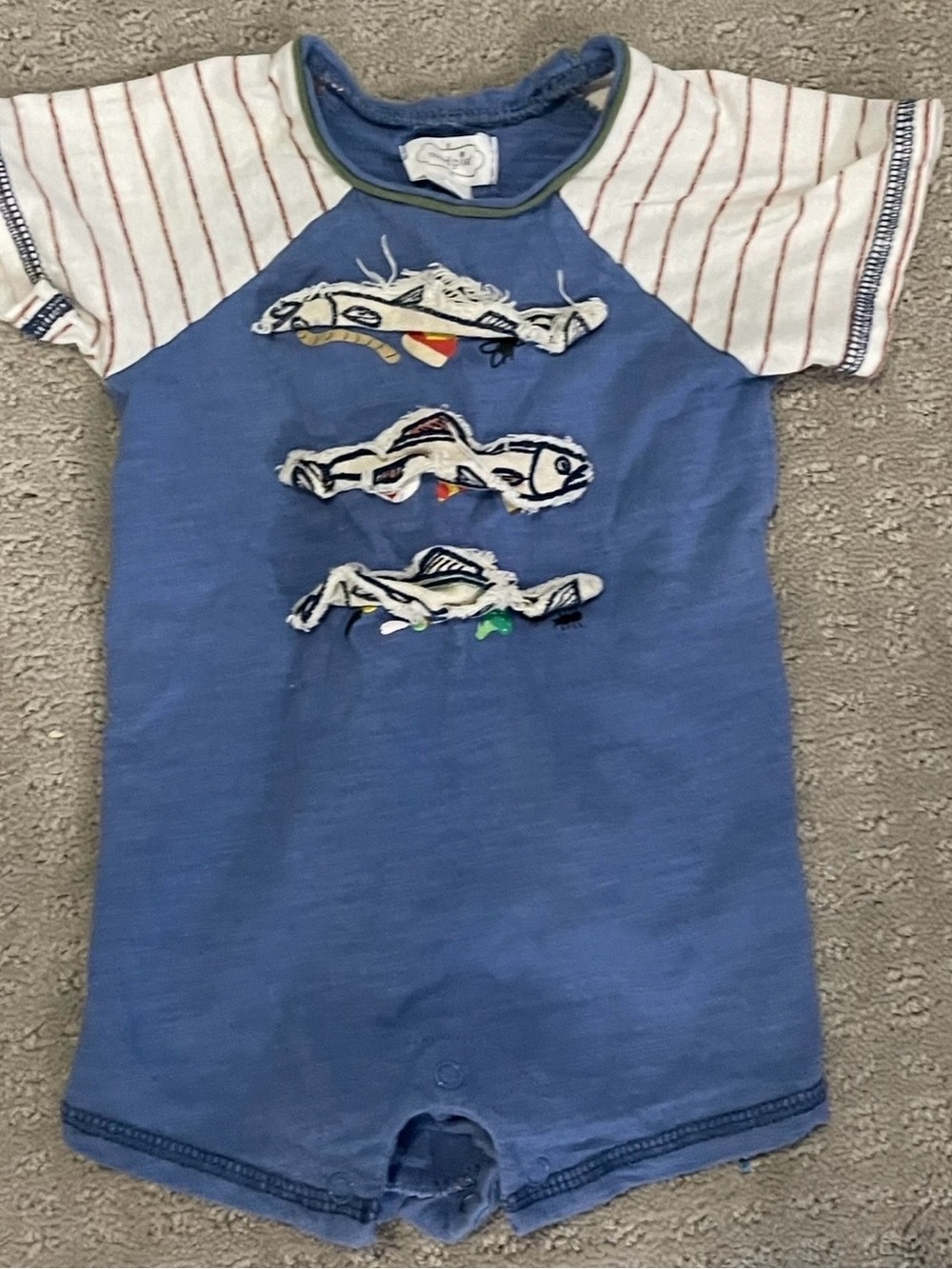 Mudpie boutique baby 6-9m Blue Kids Short Sleeve Romper with Fish Appliqué